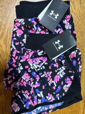 2 Under Armour Black Shorts with Pink & Purple Floral Print NWT Youth Small